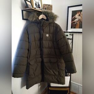 Carhartt Women's Green Puffer Coat with Fur Hood